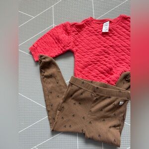 Little planet|Baby girl Quilted Coral Red sweatshirt & Brown Ribbed Leggings•••